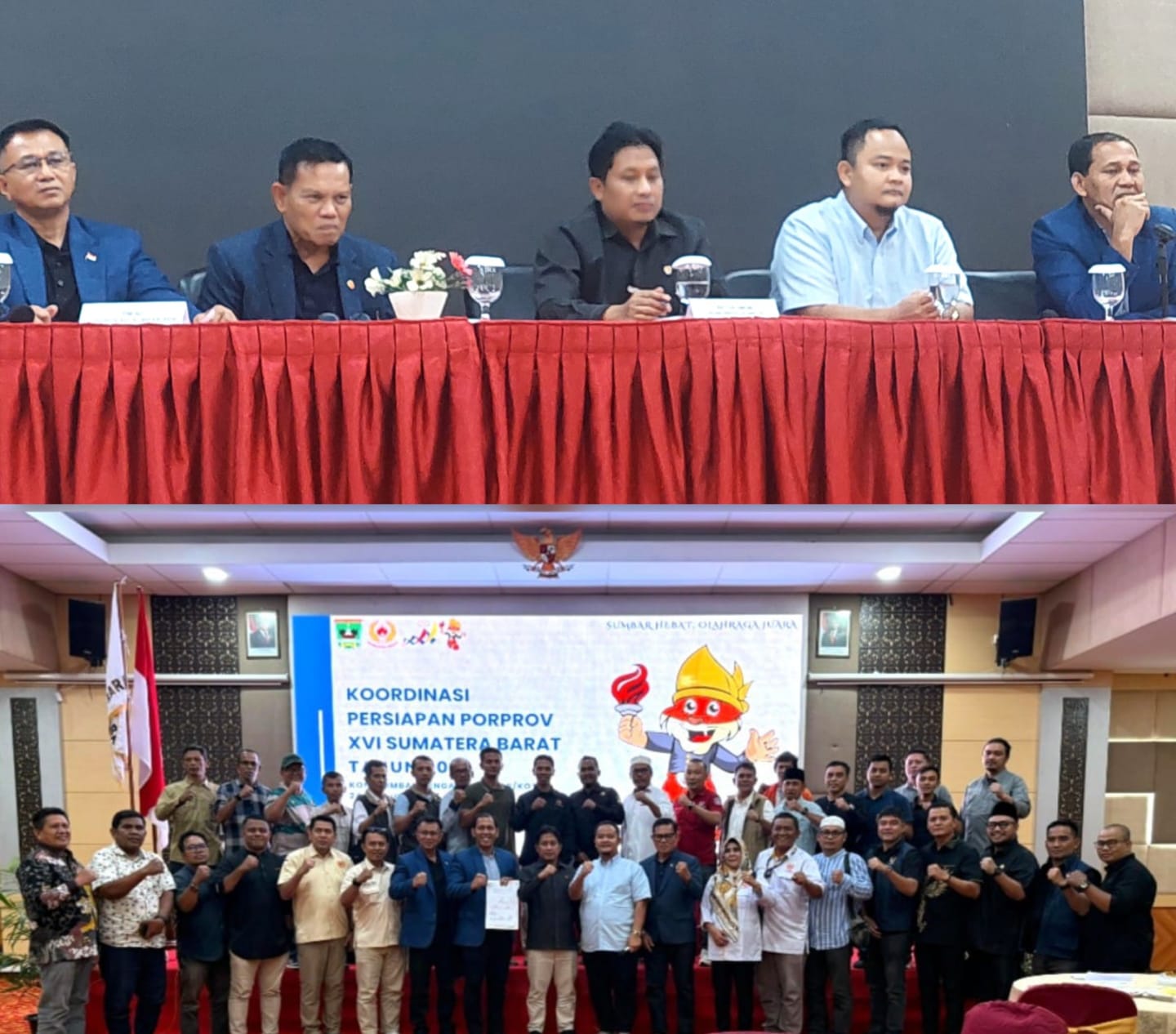 Peserta Rakor Persiapan Porprov XVI KONI Provinsi Sumatera Barat bersama KONI kabupaten/kota se-Sumbar, foto bersama, di Ruang Singgalang 4–5 Lantai 4 UNP Hotel & Convention Center, Padang, Selasa (24/2/2026). (Foto KONI Sumbar)